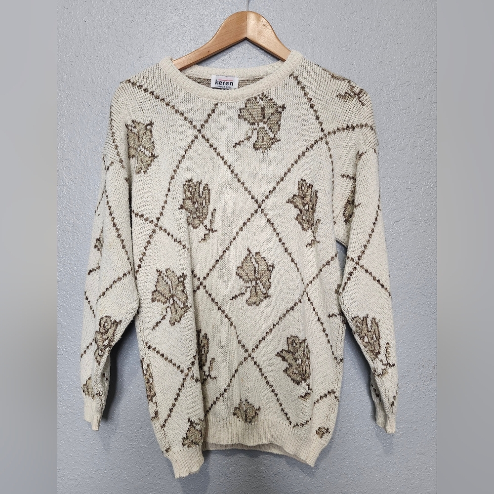 Vintage 80s Keren Women's Oversized Knit Sweater Leaves & Diamond Gold Beige USA